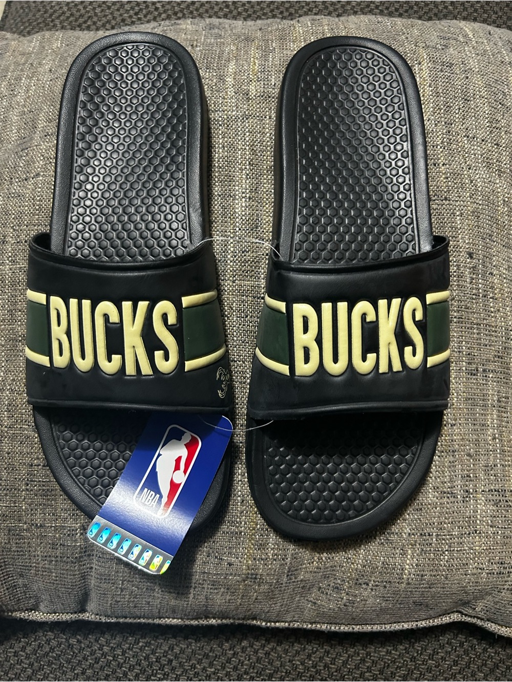 NBA Bucks Black, Green and Cream Slide Sandals